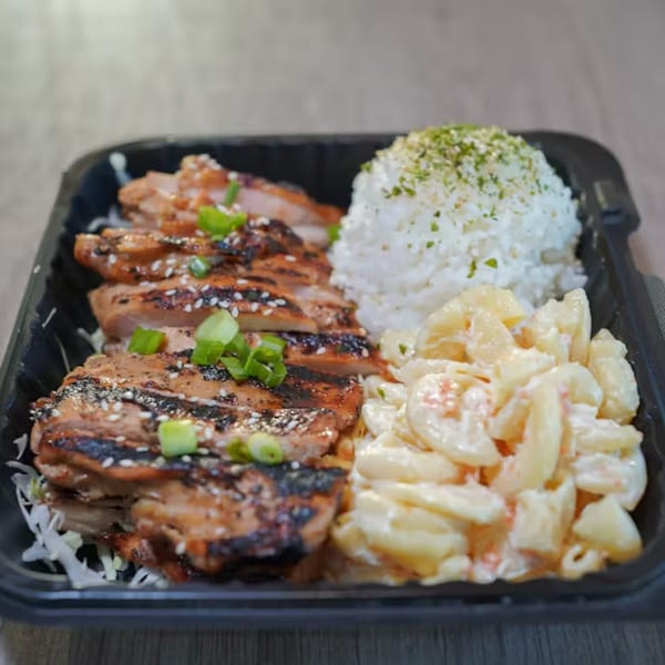 Big Bros Hawaiian Grill's grilled chicken, white rice with furikake, and macaroni salad.