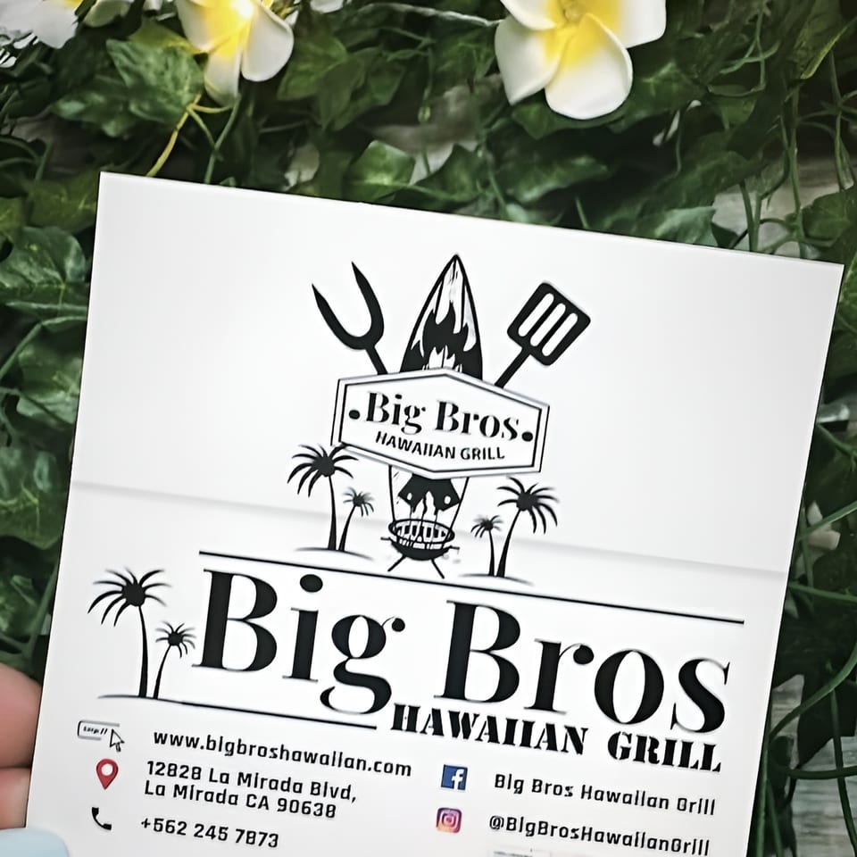Big Bros Hawaiian Grill business card with logo, address, phone, and social media on a leafy background.